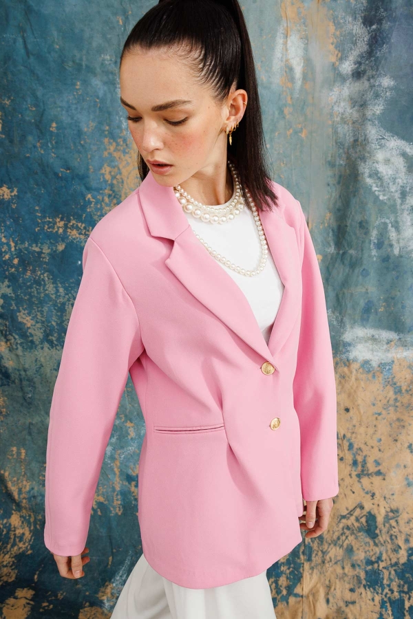 Gold Düğmeli Blazer Pembe Ceket · 3
