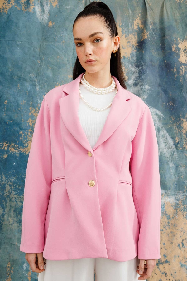 Gold Düğmeli Blazer Pembe Ceket