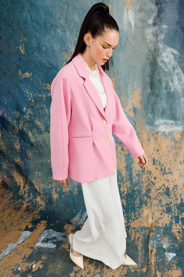 Gold Düğmeli Blazer Pembe Ceket · 5