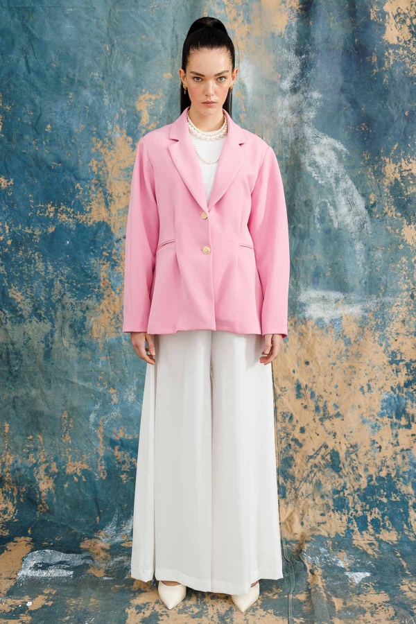 Gold Düğmeli Blazer Pembe Ceket · 2