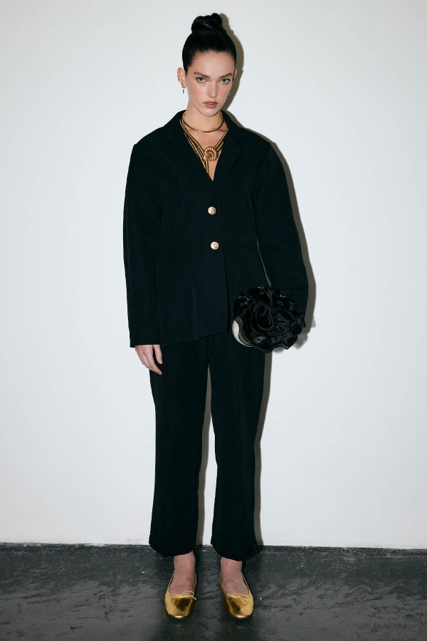 Hooopstore - Gold Düğmeli Blazer Siyah Ceket