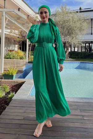 Heva Fırfır Dokulu Benetton Yeşili Elbise