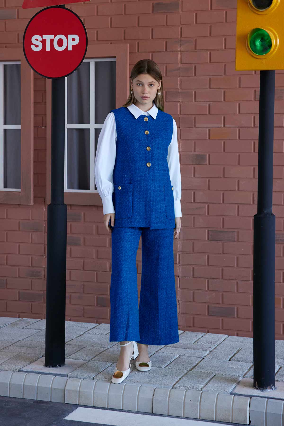 İspanyol Paça Tüvit Saks Mavisi Pantolon
