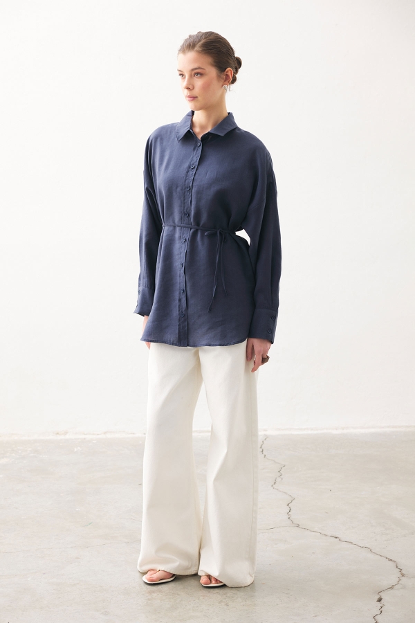 Hooopstore - Kalın Manşetli Basic Lacivert Gömlek