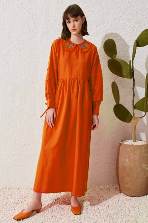 Kare Yaka Elbise - Oranj