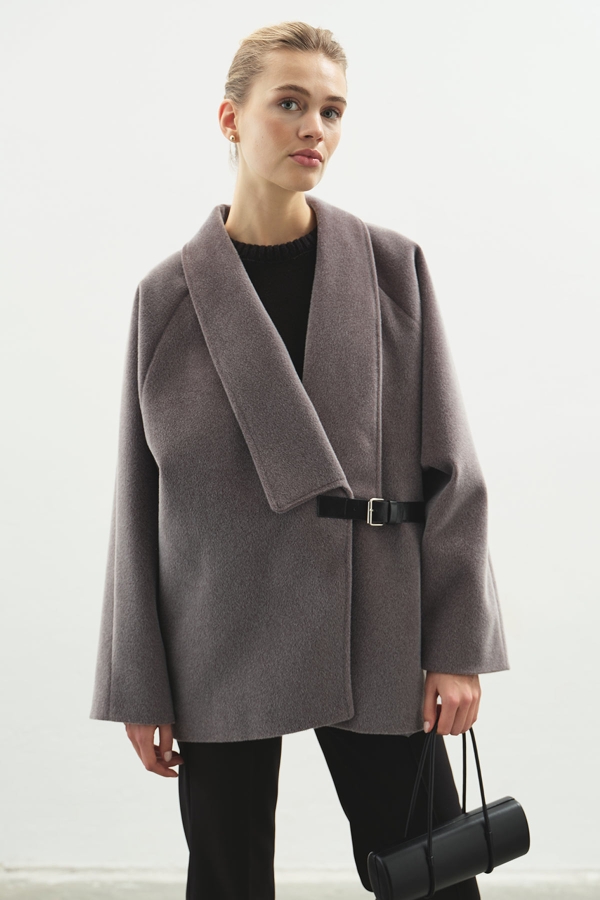 Hooopstore - Kemer Tokalı Kaşe Füme Kaban