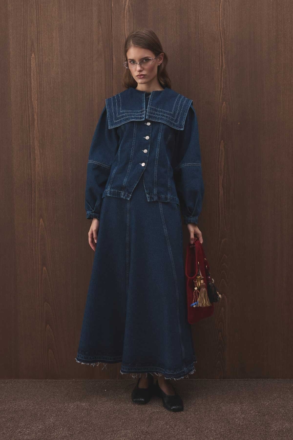 Hooopstore - Kesik Parçalı Denim Kot Mavi Etek