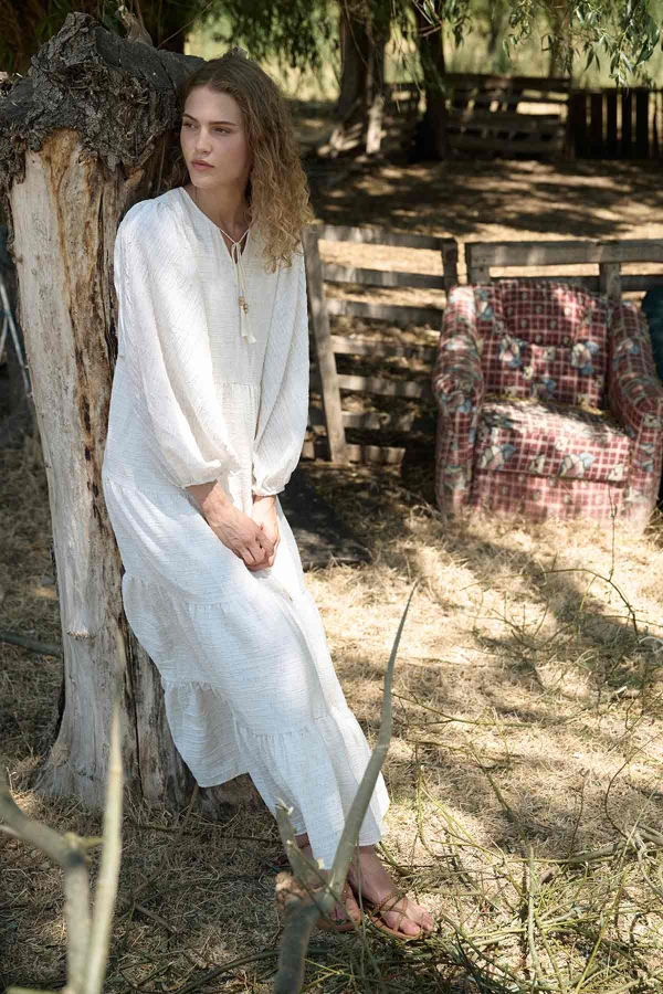Keten Dokulu Basic Naturel Elbise · 2