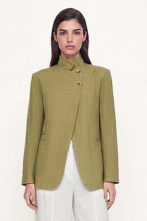 Keten Görünümlü Tek Düğmeli Dik Yaka Ada Çayı Blazer Ceket (1)