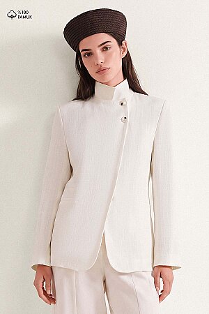 Keten Görünümlü Tek Düğmeli Dik Yaka Beyaz Blazer Ceket