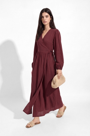 Kimono Kapama Uzun Müslin Bordo Elbise (1)