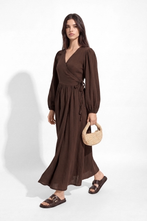 Kimono Kapama Uzun Müslin Çikolata Elbise (1)