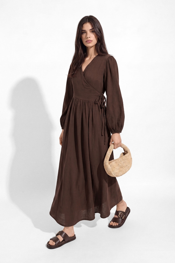 Kimono Kapama Uzun Müslin Çikolata Elbise · 4