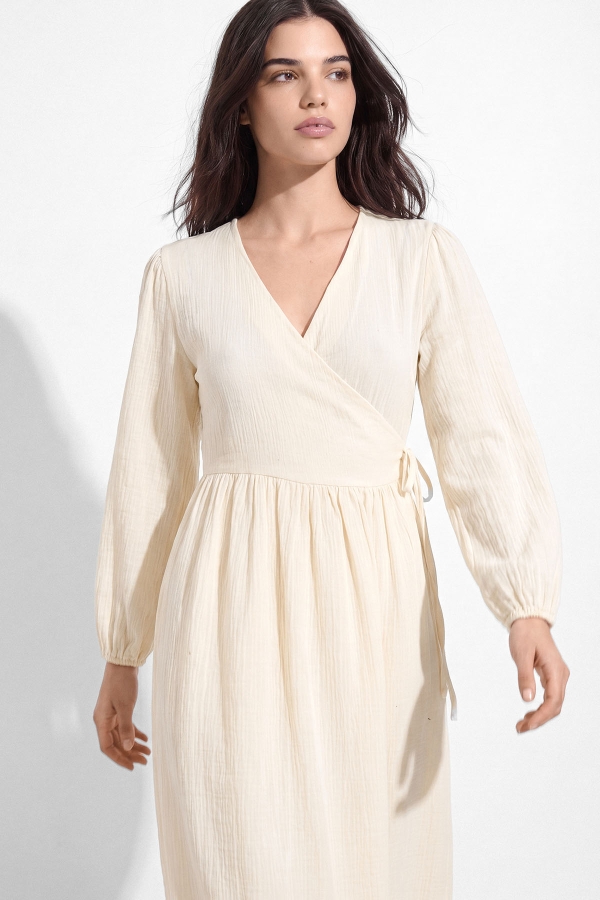 Kimono Kapama Uzun Müslin Ekru Elbise · 3