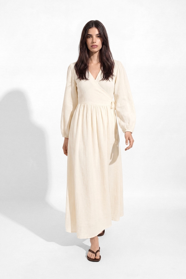 Kimono Kapama Uzun Müslin Ekru Elbise · 4