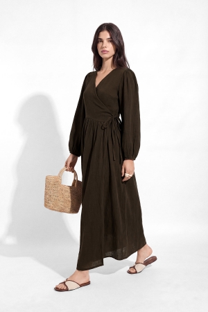 Kimono Kapama Uzun Müslin Kahve Elbise (1)