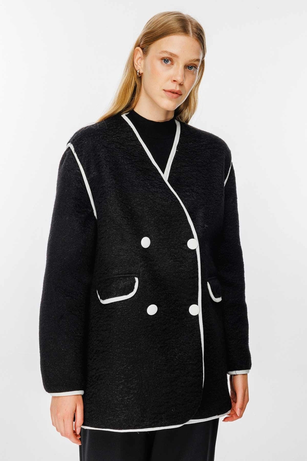Kontrast Biye Detaylı Kaşe Siyah Blazer Ceket