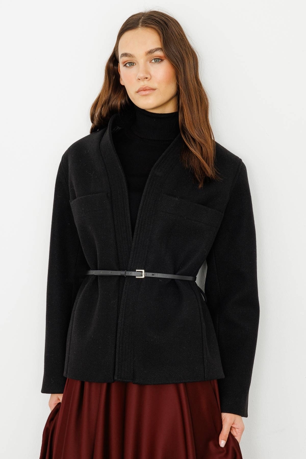 Hooopstore - Kontrast Deri Kemerli Siyah Ceket