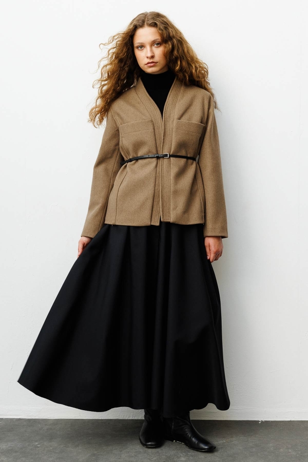 Hooopstore - Kontrast Deri Kemerli Sütlü Kahve Ceket