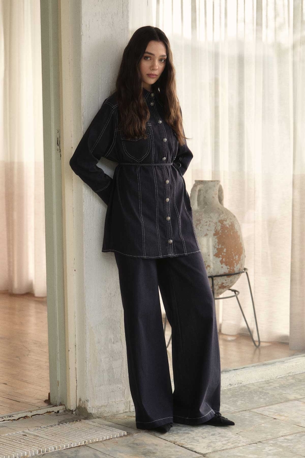 Hooopstore - Kontrast Dikiş Detaylı Lacivert Denim Gömlek