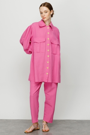 Körüklü Cepli Keten Takım - Pembe