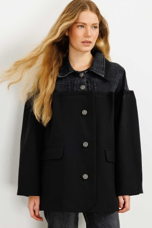 Kot Detaylı Siyah Blazer Ceket