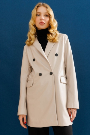 Kruvaze Deri Blazer Ceket - Bej