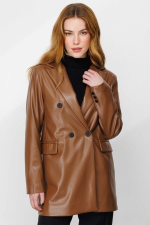 Kruvaze Deri Taba Blazer Ceket