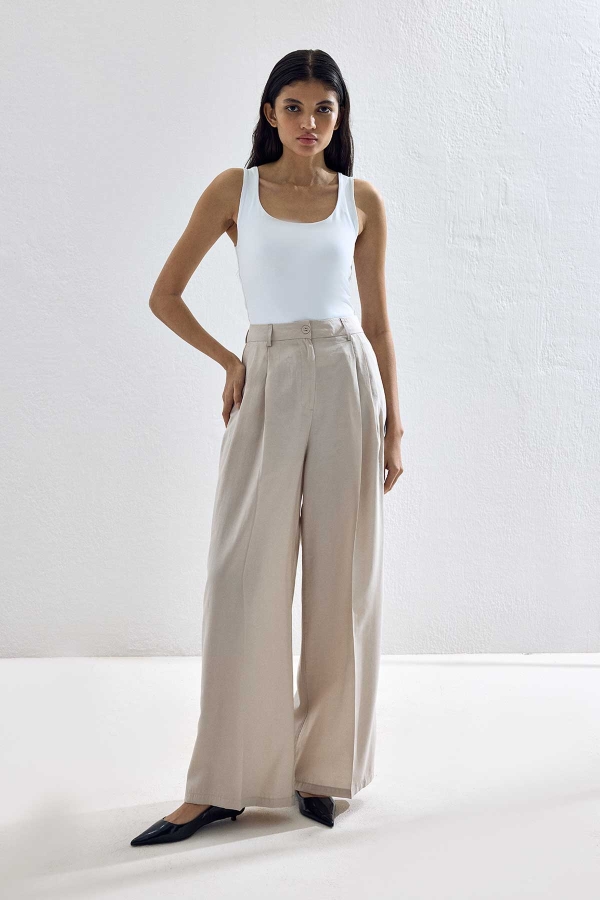 Hooopstore - Lyocell Cupra Kumaş Pileli Palazzo Bej Pantolon