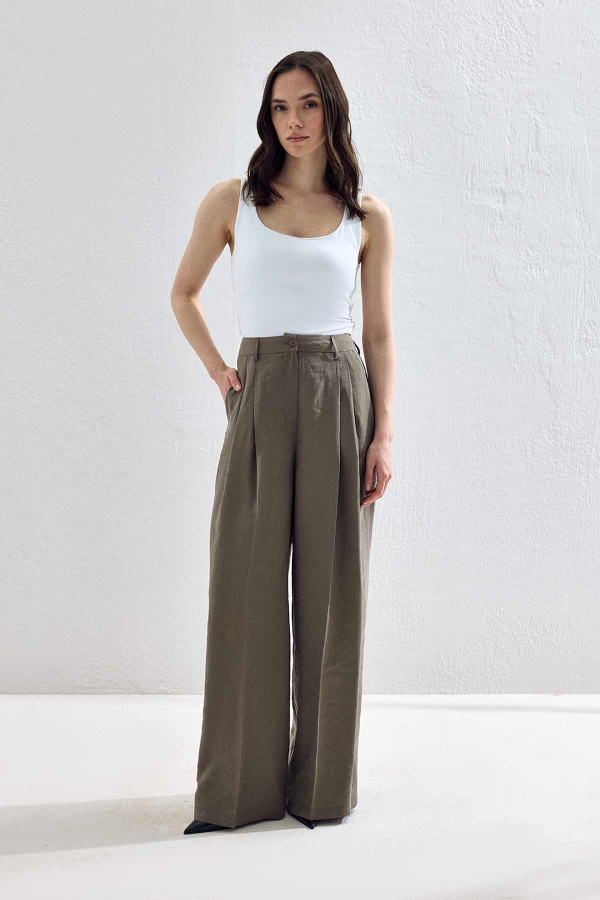 Hooopstore - Lyocell Cupra Kumaş Pileli Palazzo Koyu Haki Pantolon