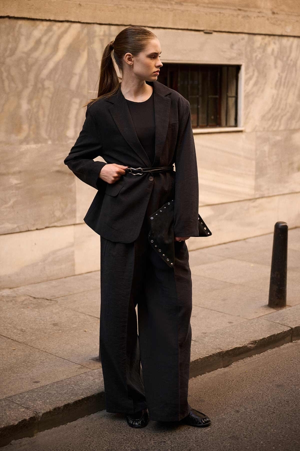 Hooopstore - Lyocell Cupra Kumaş Pileli Palazzo Siyah Pantolon