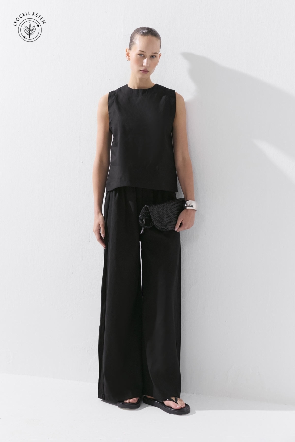  - Lyocell Keten Dökümlü Lastikli Siyah Pantolon