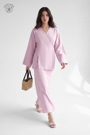 Lyocell Keten Kimono Pastel Pembe Etekli Takım (1)