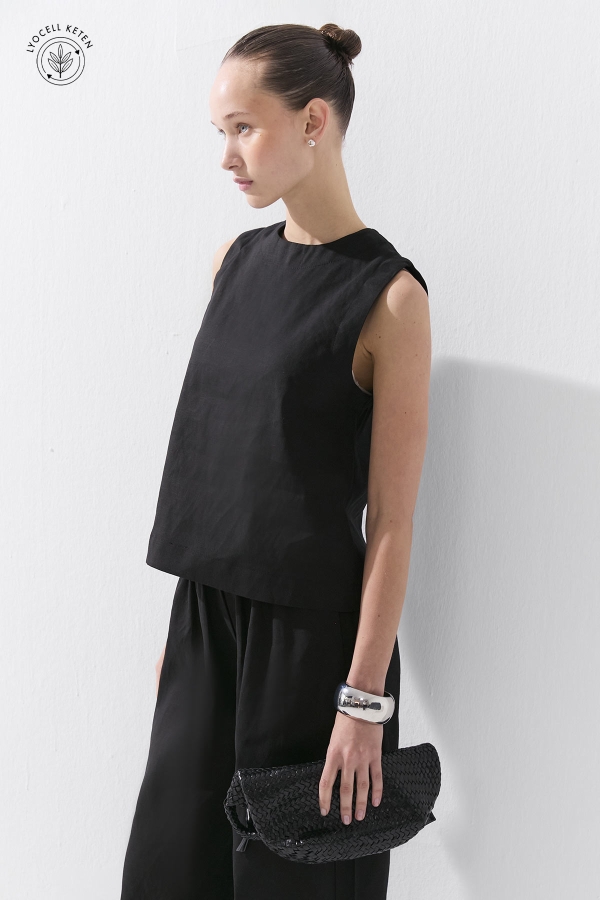 Hooopstore - Lyocell Keten Kolsuz Siyah Bluz