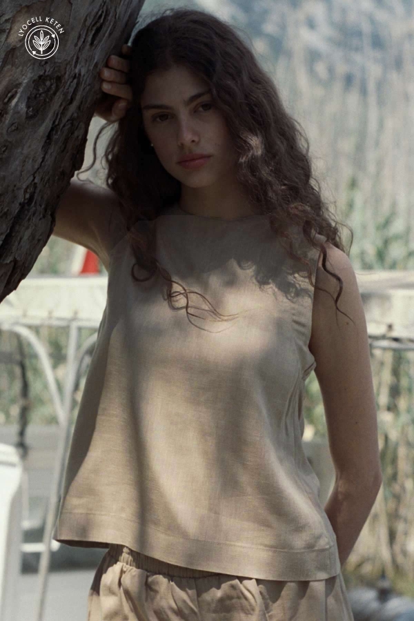 Hooopstore - Lyocell Keten Kolsuz Sütlü Kahve Bluz