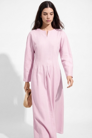 Lyocell Keten Pilikaşe Pastel Pembe Elbise (1)