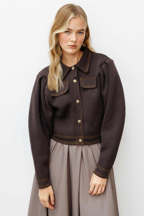 Hooopstore - Metal Düğmeli Triko Bomber Kül Kahve Ceket