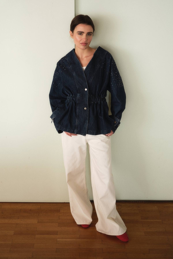 Hooopstore - Minka Beli Büzgülü Lacivert Denim Ceket