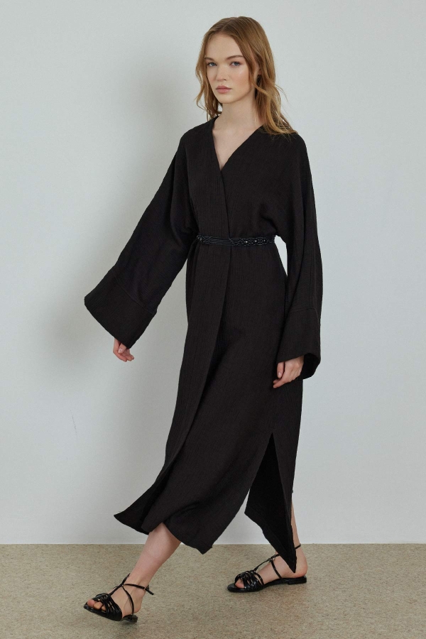 Organik Dokulu Siyah Kimono