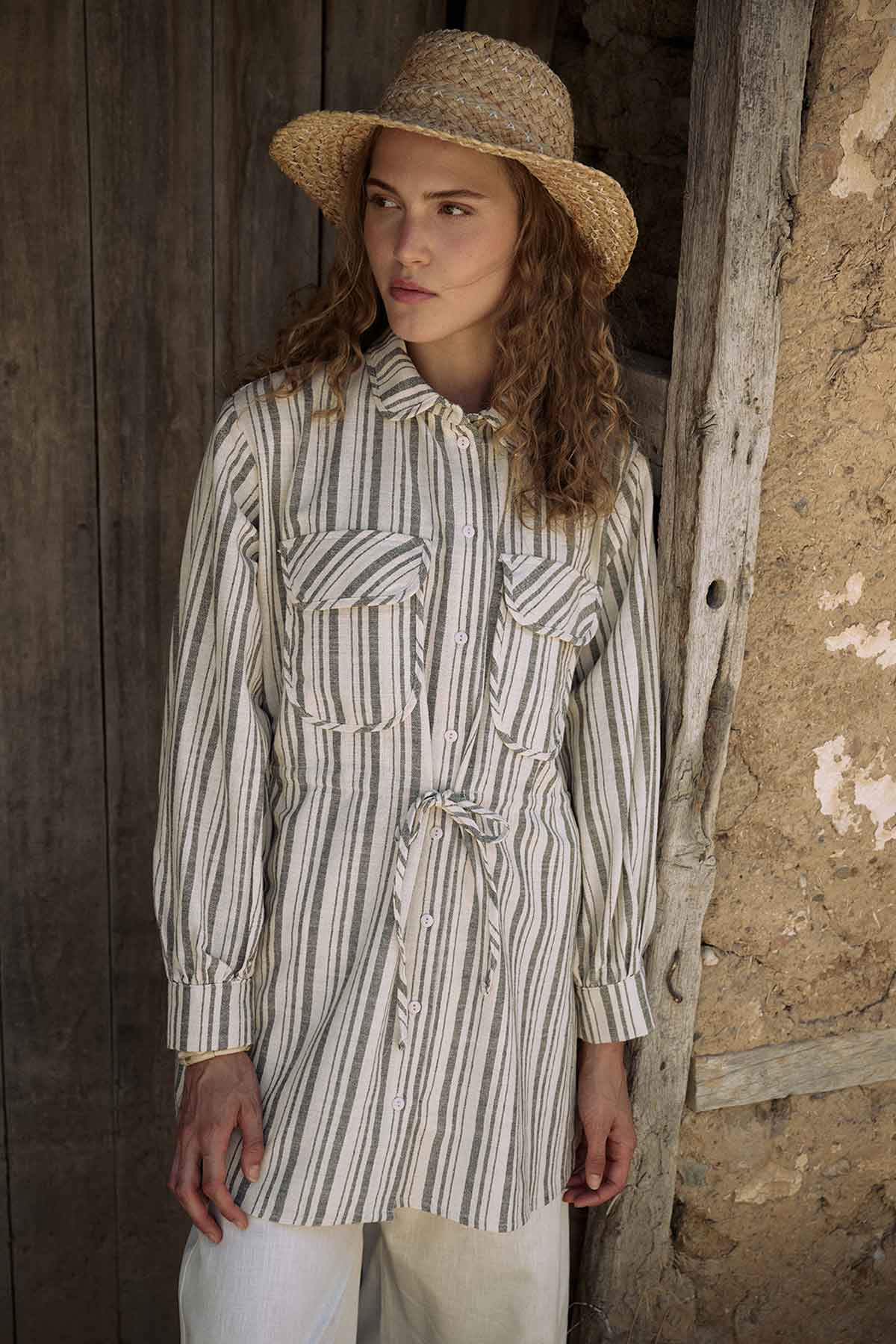 Naturel Çizgili Haki Keten Ceket