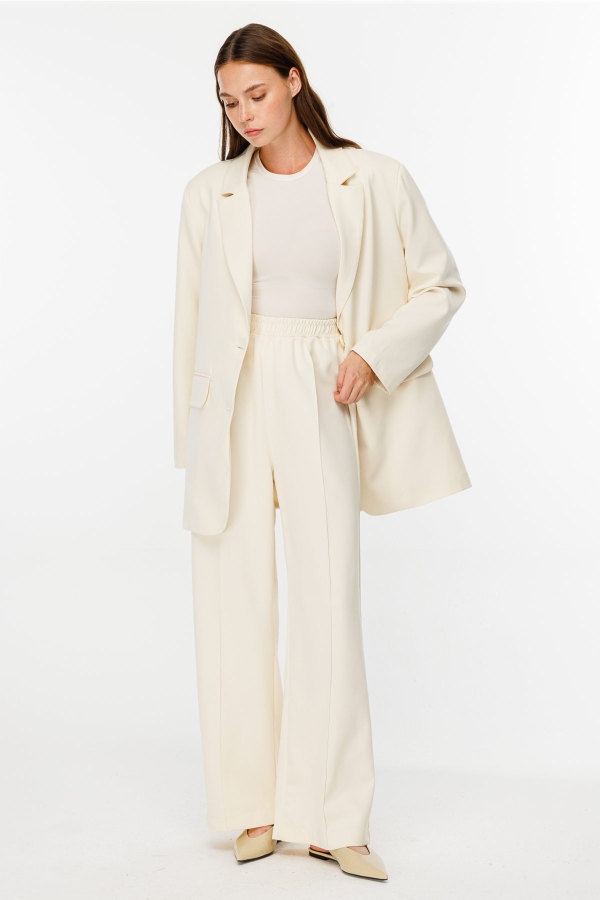 Hooopstore - Nervürlü Krem Krep Pantolon