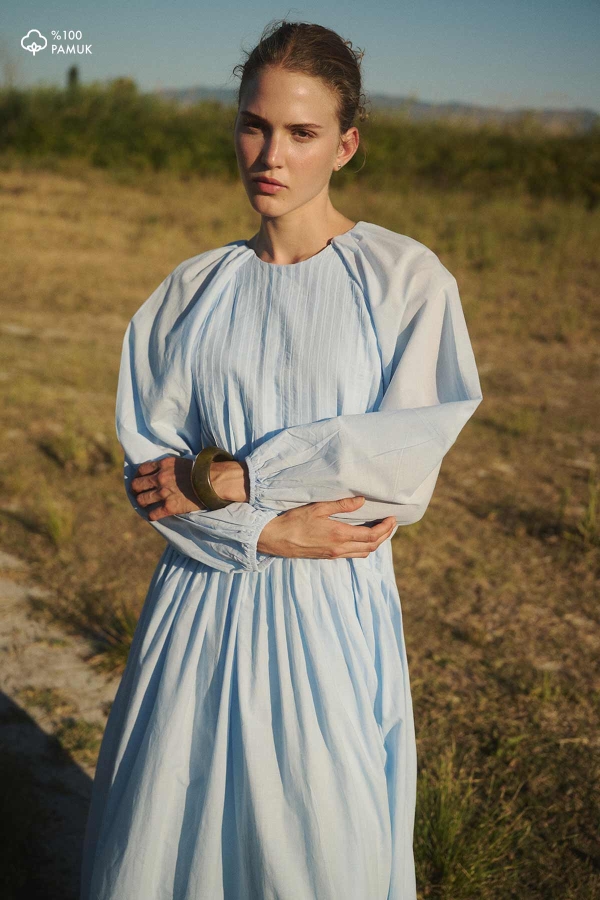 Hooopstore - Nervürlü Pamuk Vual Bebe Mavisi Elbise