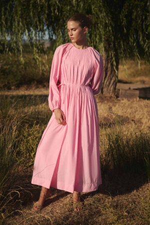 Nervürlü Pamuk Vual Pembe Elbise (1)