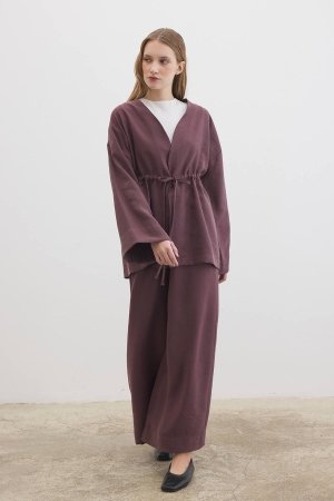 Önden Bağlama Detaylı Çikolata Kimono Pantolon Takım (1)