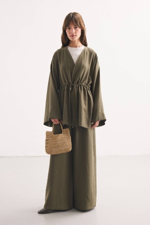 Önden Bağlama Detaylı Haki Kimono Pantolon Takım (1)