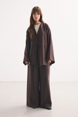 Önden Bağlama Detaylı Kahve Kimono Pantolon Takım (1)