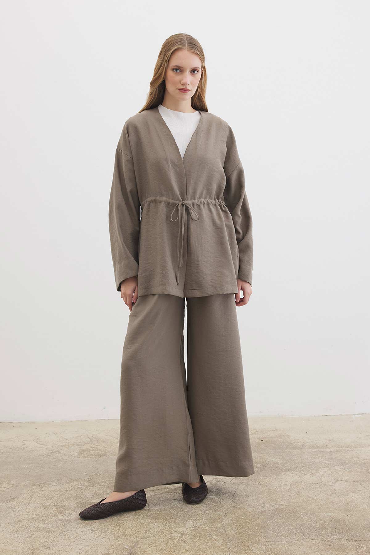 Önden Bağlama Detaylı Vizon Kimono Pantolon Takım
