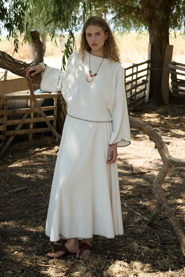 Hooopstore - Organik Karışımlı Çoban Dikiş Detaylı Kum Beji Etekli Takım