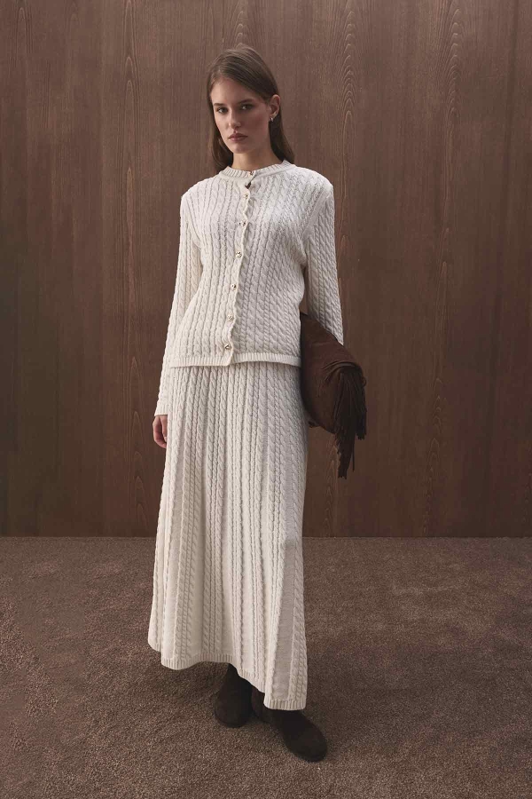 Hooopstore - Örgü Dokulu Triko Krem Etekli Takım