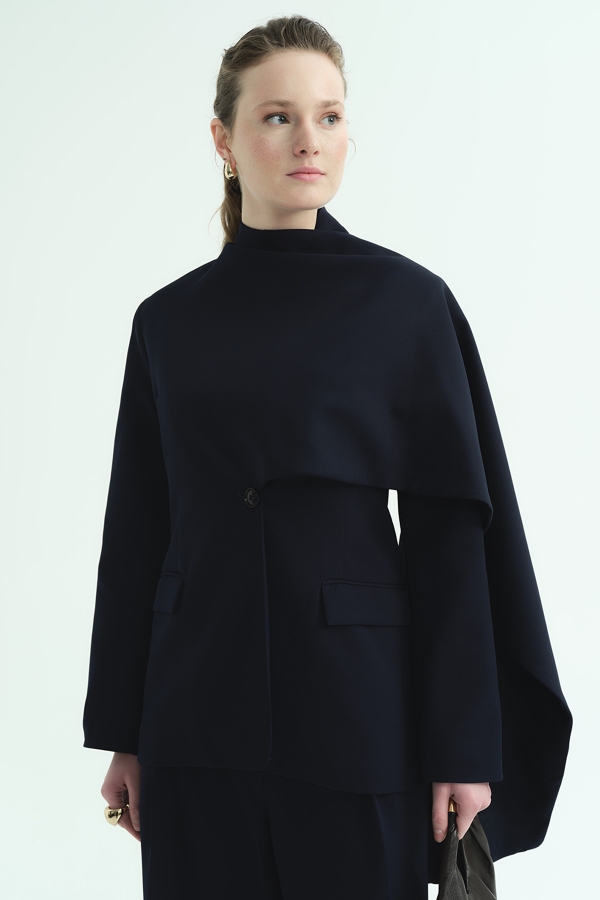 Hooopstore - Pelerin Detaylı Lacivert Blazer Ceket